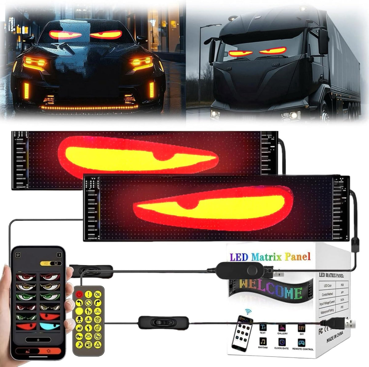 Zwei LED-Matrix-Displays mit roten Augen, Fernbedienung und Steuergerät